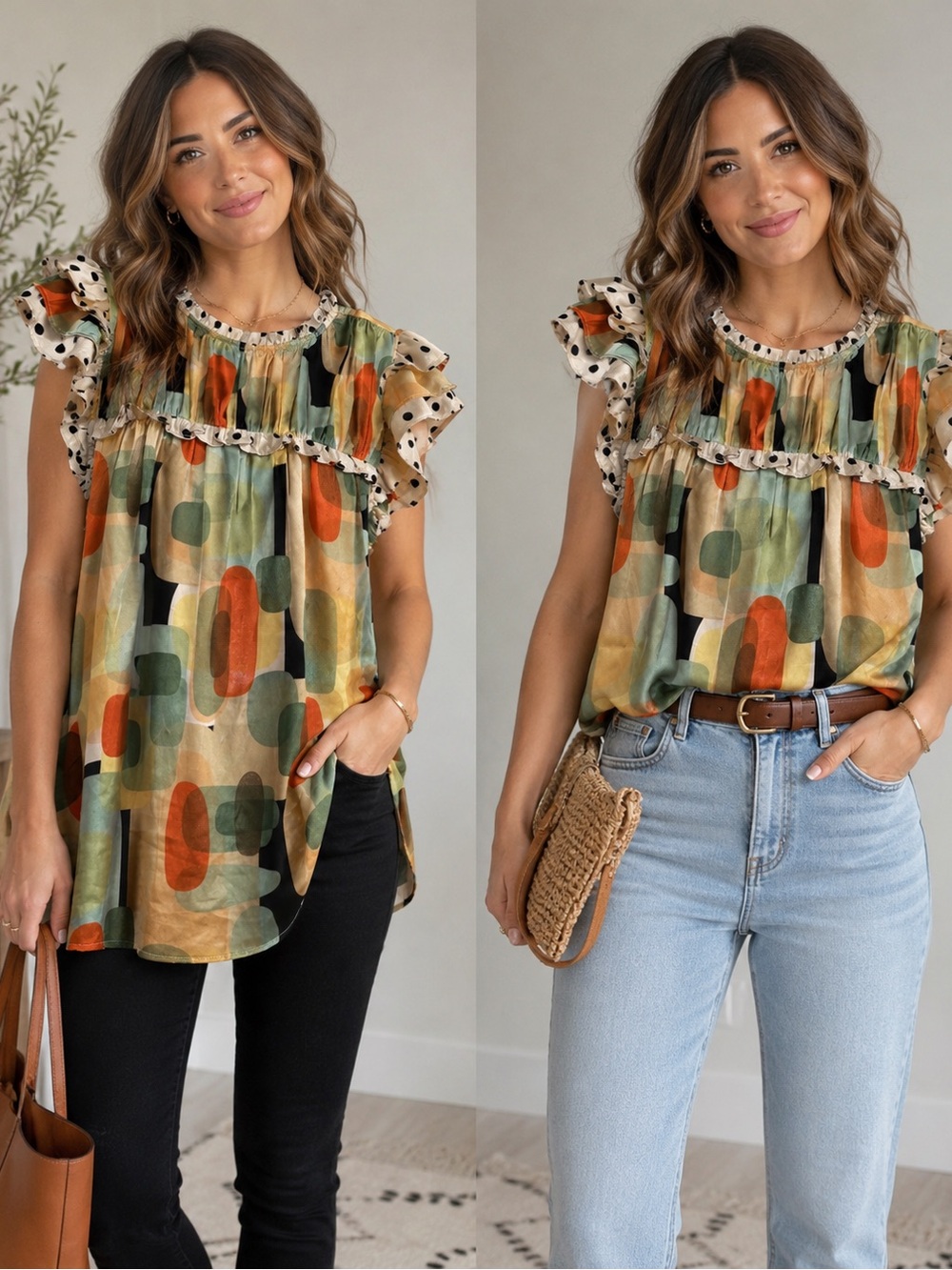 Geometric Ruffle-Sleeve Blouse - Green Multi